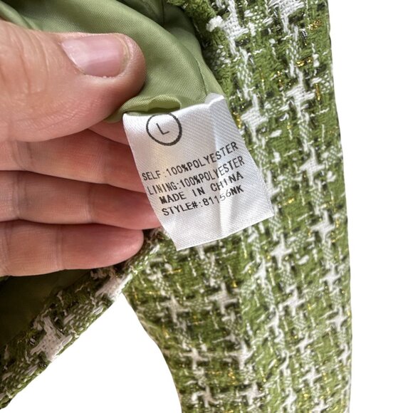 Fashion Nova Christine Tweed Cropped Blazer Jacket L Green White Dressy Preppy - Picture 6 of 10